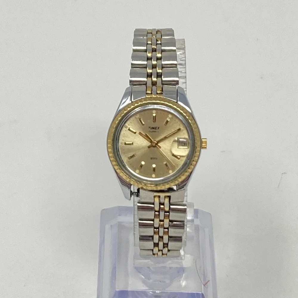 Vtg Timex Watch Women 25mm Silver Gold Two Tone Date Bubble WR New Battery 6.25
